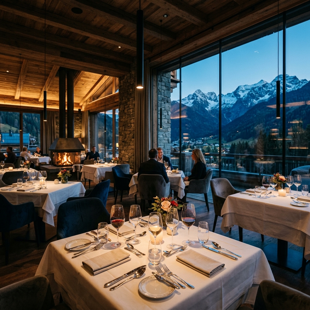 Upscale dining room overlooking mountains