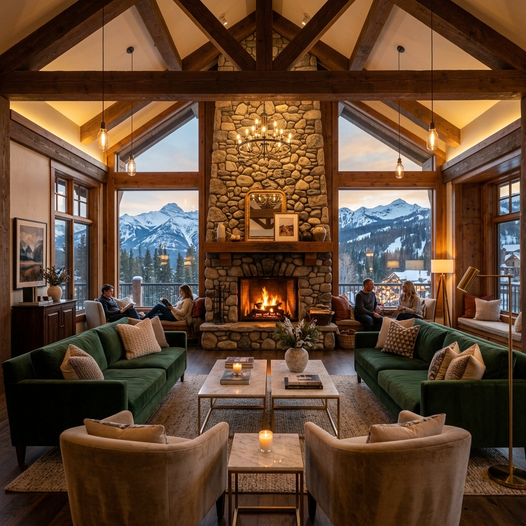 Resort lobby lounge fireplace seating area